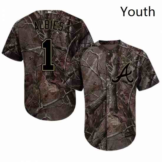 Youth Majestic Atlanta Braves 1 Ozzie Albies Authentic Camo Realtree Collection Flex Base MLB Jersey